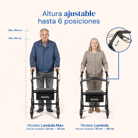 Andador Lambda | Cuatro ruedas, asiento y respaldo, andador para ancianos (Negro)