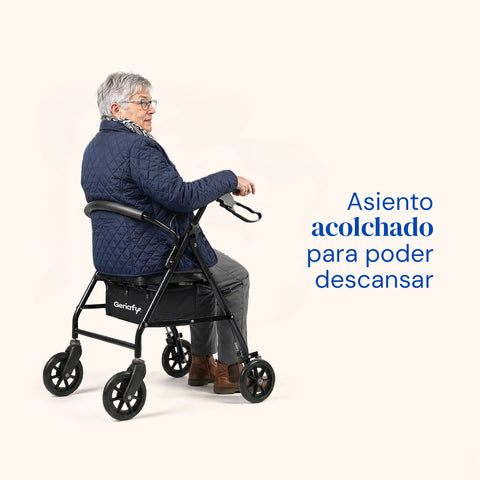 Andador Lambda | Cuatro ruedas, asiento y respaldo, andador para ancianos (Negro)