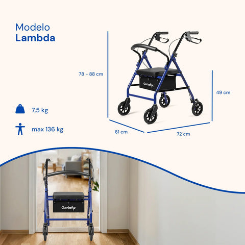 Andador Lambda | Cuatro ruedas, asiento y respaldo, andador para ancianos (Azul)