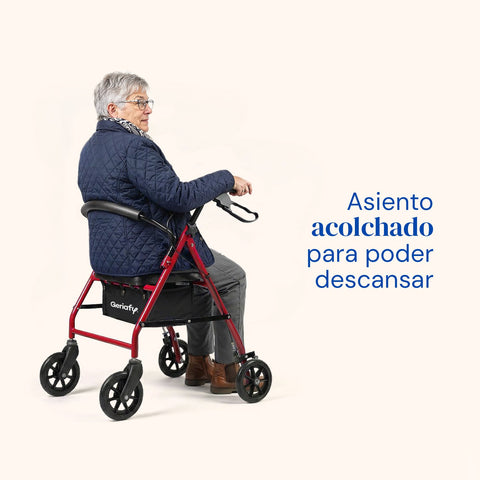 Andador Lambda | Cuatro ruedas, asiento y respaldo, andador para ancianos (Rojo)