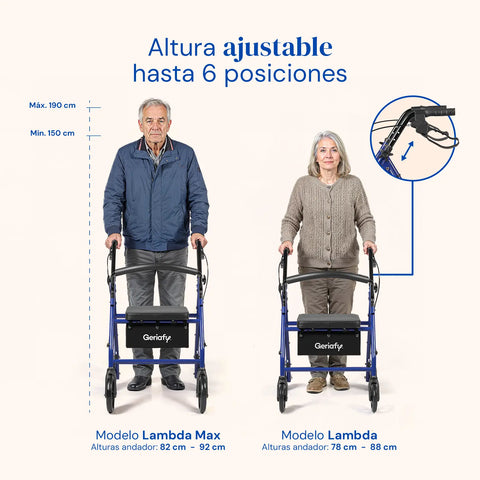 Andador Lambda | Cuatro ruedas, asiento y respaldo, andador para ancianos (Azul)