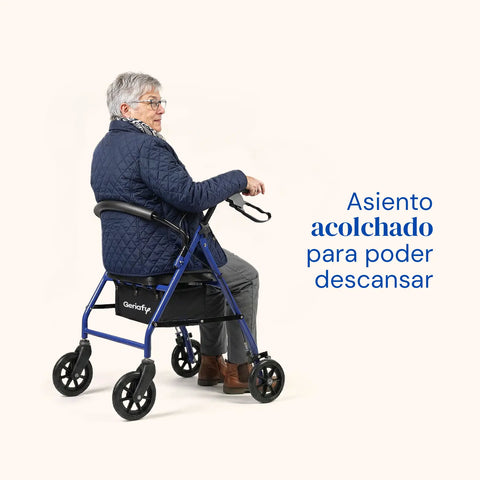 Andador Lambda | Cuatro ruedas, asiento y respaldo, andador para ancianos (Azul)
