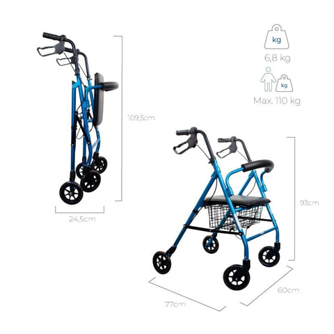 Andador plegable de 4 ruedas y frenos en manetas