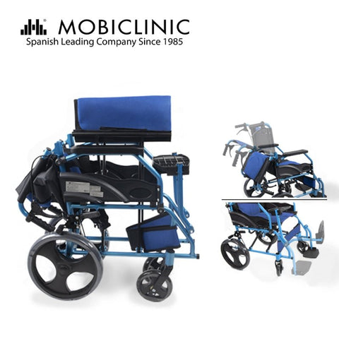Silla de ruedas plegable de aluminio con frenos en los manillas, color azul