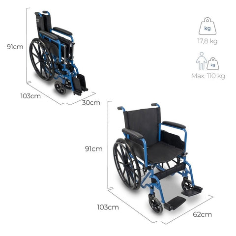 Silla de ruedas plegable con ruedas grandes extraíbles, color azul
